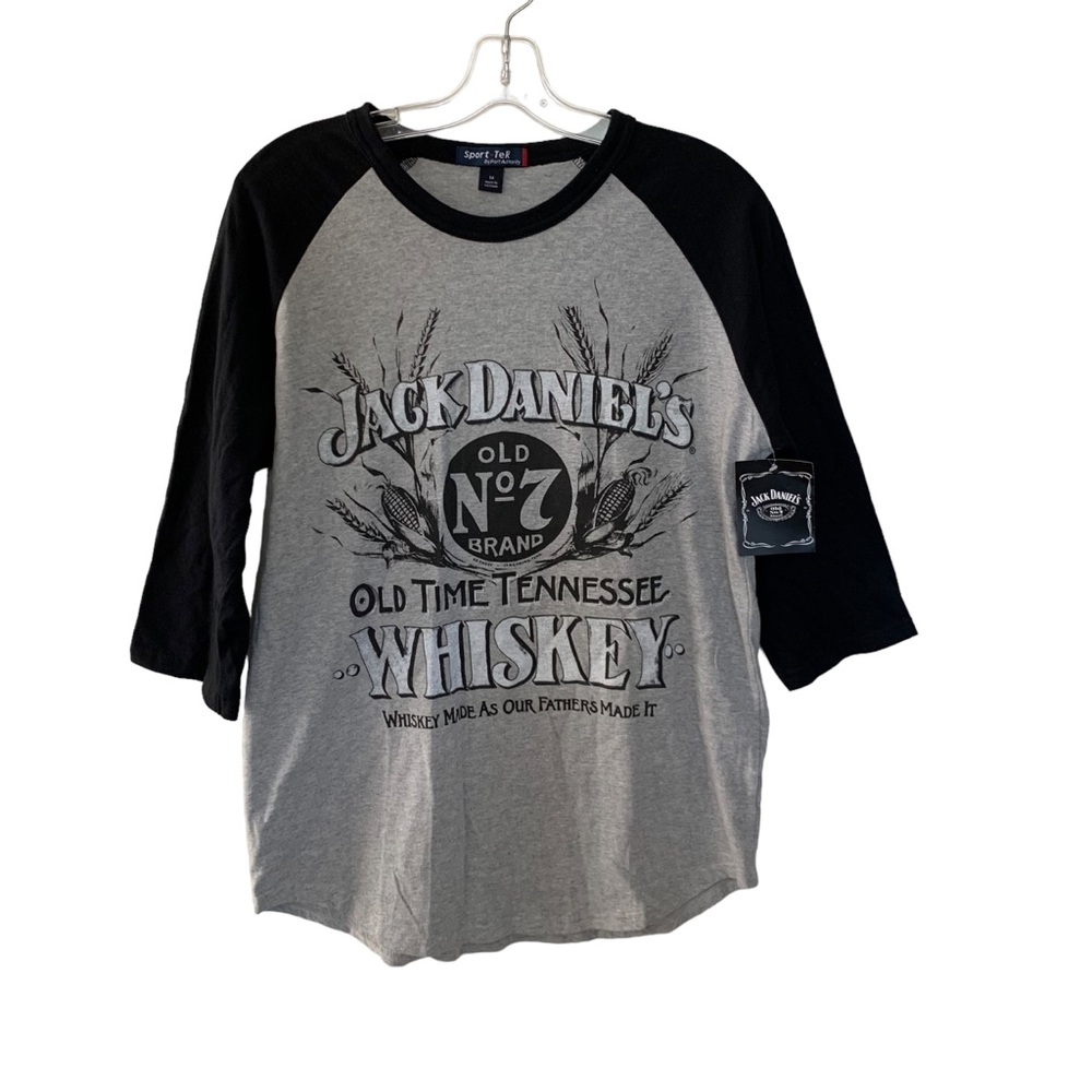 Jack Daniels Whisky Men’s Raglan Tee Grey Black Crew Neck Cotton Licensed